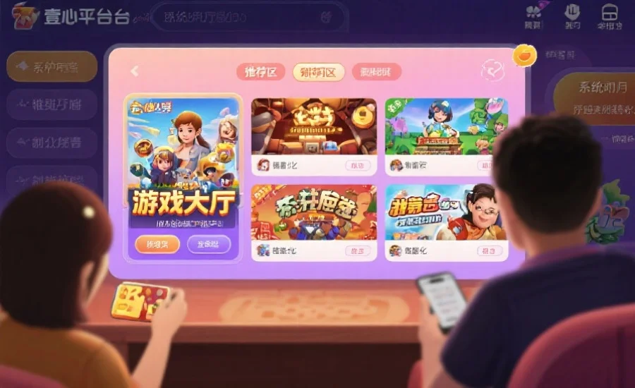 用户在壹心娱乐平台游戏大厅浏览推荐区，系统根据用户历史偏好展示定制化游戏推荐列表，画面温馨友好