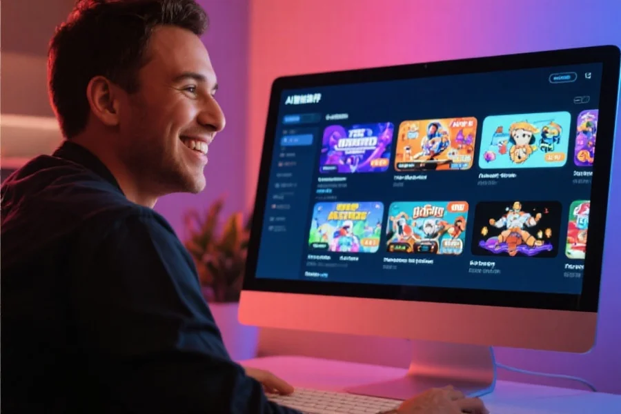 用户坐在电脑前微笑操作，屏幕上展示着AI智能推荐的多款风格各异的游戏